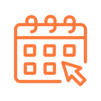 Orange calendar icon with a cursor pointer on a date.