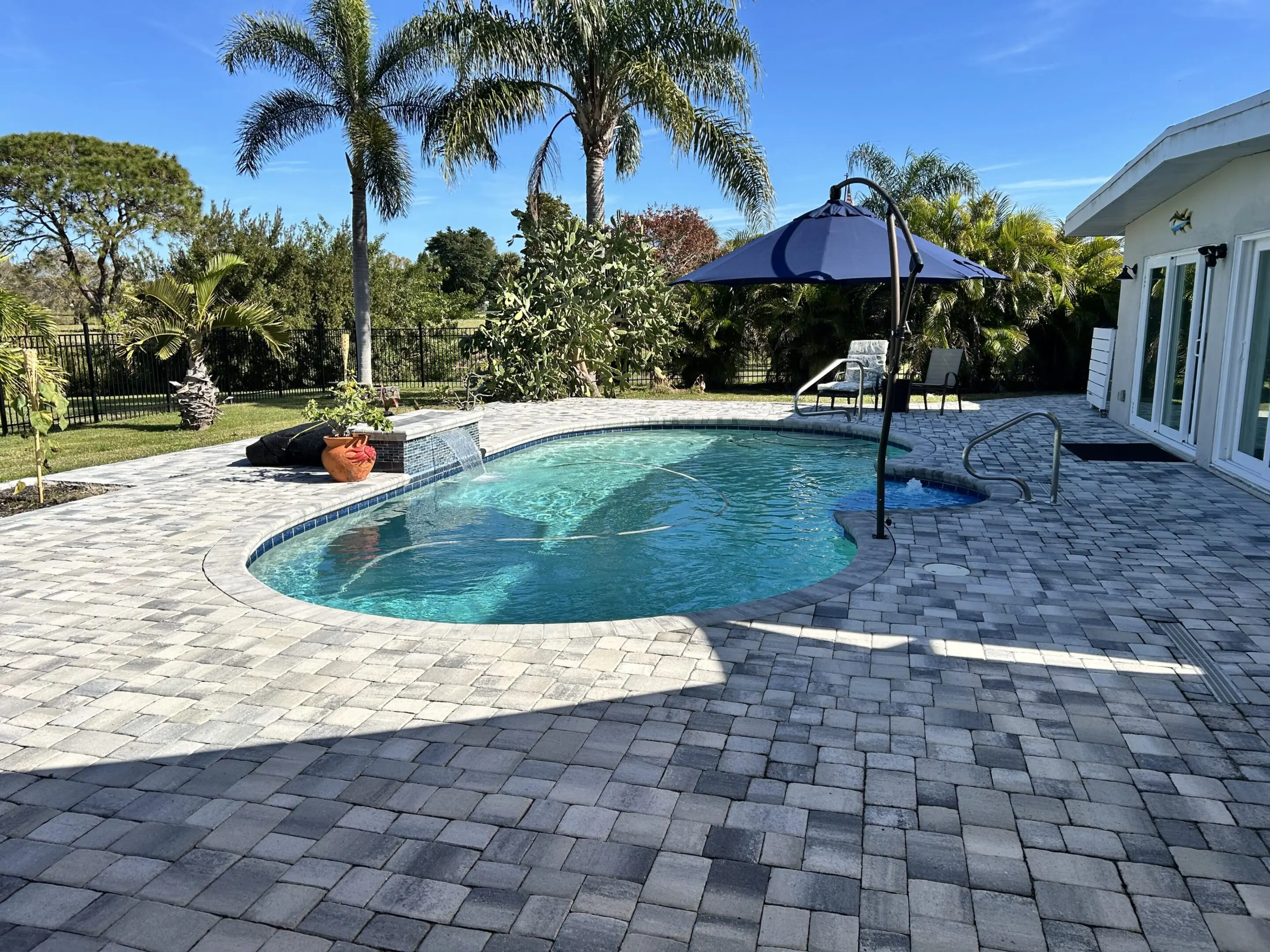 Sunny backyard with a swimming pool and palm trees.
